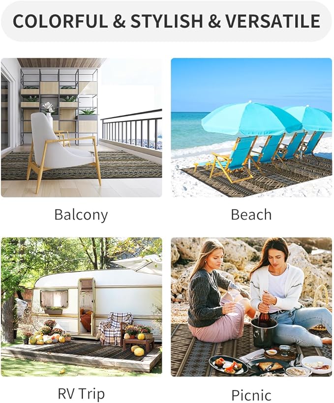 MontVoo Outdoor Rug Carpet Waterproof-Patio Rug Mat 6x9 Reversible RV Camping Rug Picnic Mat Plastic Straw Outside Rug for Balcony Porch Deck Beach-Boho Outdoor Area Rug for Patio Decor Colorful