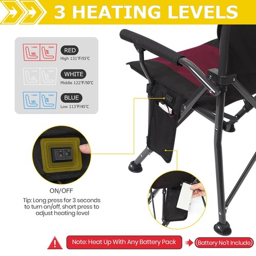 XGEAR Heated Camping Chair for Adults, 3 Heat Levels, Heated Back and Seat, Fully Padded Heated Camp Chair for Outdoor, Battery Not Included(Black/Red)
