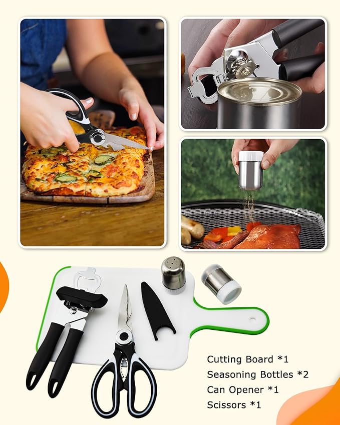 Camping Cooking Set - Camping Utensil Set Car Camping Cooking Essentials Gear for Camp Kitchen Cooking and Grilling, Stainless Steel & Silicone Ideal Gift for RV Tent Camper, Picnics, BBQs