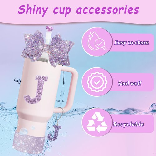 XIANGYUAN 5Pcs Stanley Cup Accessories Set,Letter Charm for Stanley Cups,Including Diamond Straw,Bow Straw,Sparkly Silicone Boot for Stanley Cup 30oz or 40oz(Purple J)