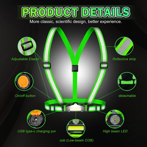 Running Lights for Runners, Runners Lights for Night Safety, Lighted Vest for Walking at Night, Adjustable Chest Light for Running, Reflective Running Gear Rechargeable for Walking/Cycling/Jogging