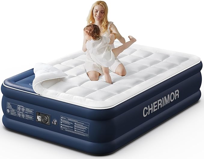 Queen Air Mattress with Built-in Pump & Luxury Quilted Topper (Washable&Detachable), 20" Raised Comfort, 800lb Support, 4.5 Min Fast Inflate, Blow up Mattress for Guest Camping & Home
