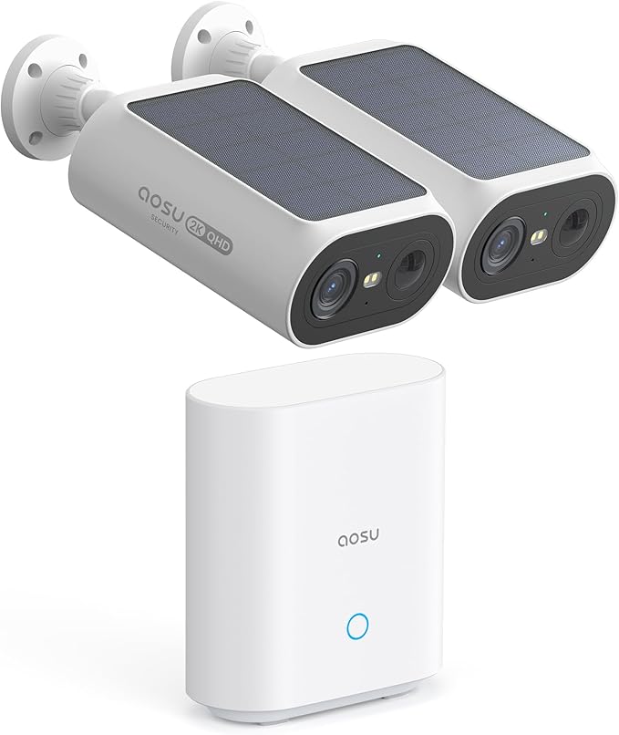 AOSU Solar Security Cameras Wireless Outdoor, 2Mins DIY Installation, No Subscription Cameras for Home Security System, Local Storage, 2K Color Night Vision for Surveillance, 2.4&5ghz WiFi, 2 Cam-kit