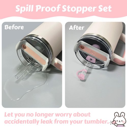 Cup Accessories Set For Stanley, Silicone Spill Stopper Set, Including 2 Cute Straw Cover Cap, 2 Square and Round Spill Stopper, 2 Cute Charms Chain (Pink A)