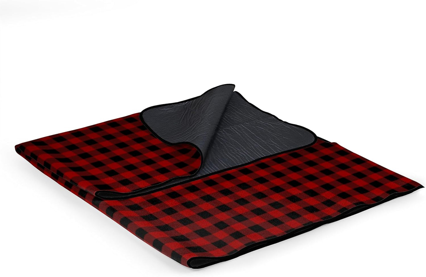 ONIVA by Picnic Time Outdoor Picnic Blanket Tote, 59"x51" Foldable Beach & Camping Blanket with Soft Fleece, Water-Resistant Bottom, Adjustable Strap & Zippered Pocket (Black Tartan, Black Flap)