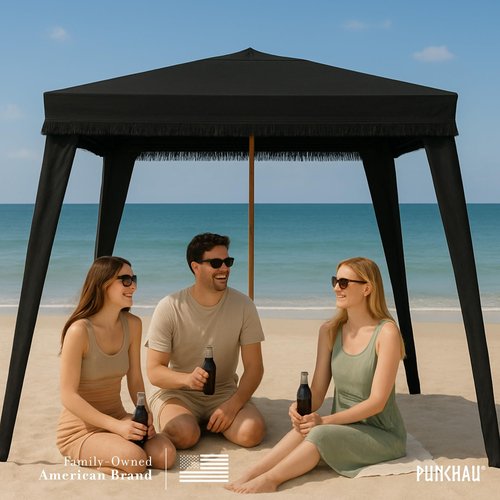 Punchau Beach Cabana with Fringe - 6x6 Ft Boho Shade Canopy Umbrella - Portable Beach Umbrellas for Sand with Carry Bag & Sandbag Pockets, Instant Sun Shade Tent - Black