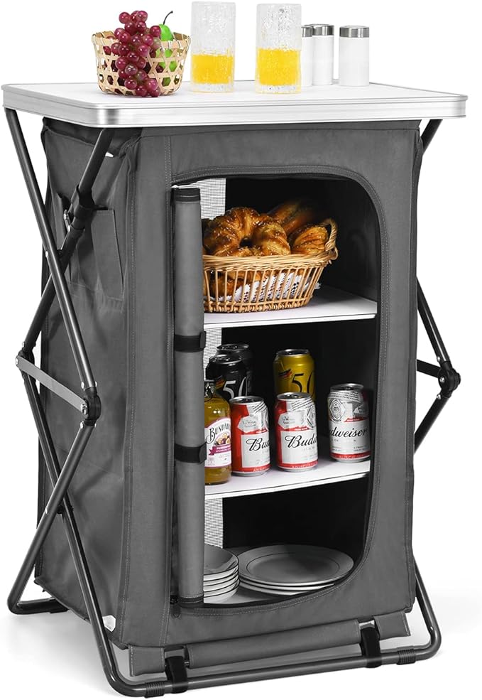 Goplus Folding Camping Storage Cabinet, Pop Up Outdoor Camping Kitchen Station with Large 3-Tier Storage Organizer, Carry Bag, Easy Set Up Portable Compact Camping Table for BBQ Picnic Backyard (35'')