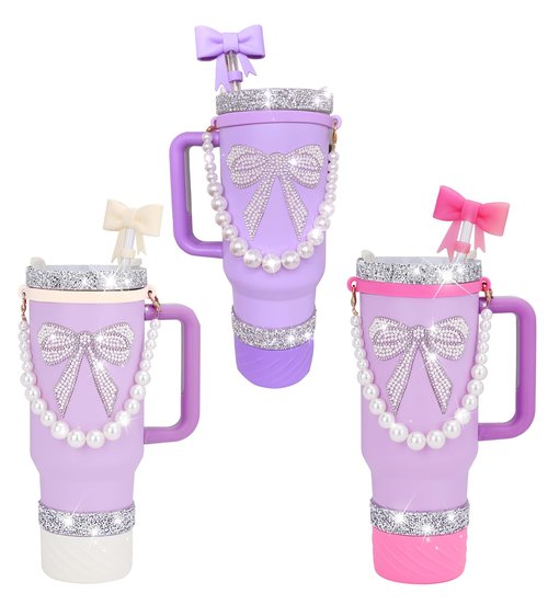 DJRF JJ Stanley Cup Accessories Set 40 oz 30 oz Stanley Cup Boot Silicone Strap Flash Star Decorative Sticker Charms Pearl Tidai Decoration (Bright pink7)