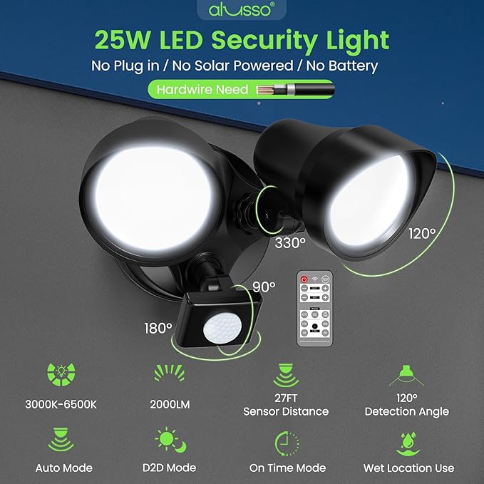 ALUSSO® LED Security Lights Motion Sensor, 25W 2000LM Flood Lights Outdoor Motion Sensor with Remote, Dimmable Brightness 3000K-6500K CCT IP65 Security Light ETL Listed for House Garage Yard, 2 Pack