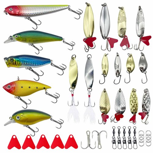 LOOTAERUL 40 Pcs Fishing Bait Lures Kit, Tackle Box with Tackle Included,Minnow, VIB, Pencil, Popper, Crank, Spoons, Weights Other Accessories, Bass Fishing Lure Set for Beginner and Experienced