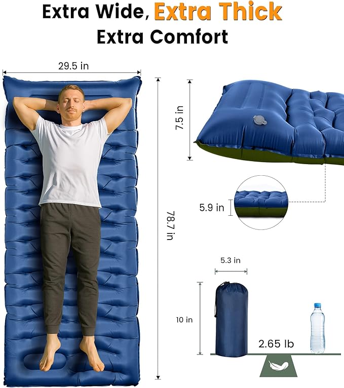 Camping Sleeping Pad,5.9 Inch Thick Camping Mat with Built in Pillow and Foot Pump,Self Inflating Sleeping Pad Ultralight for Camping Backpacking Tent（Green