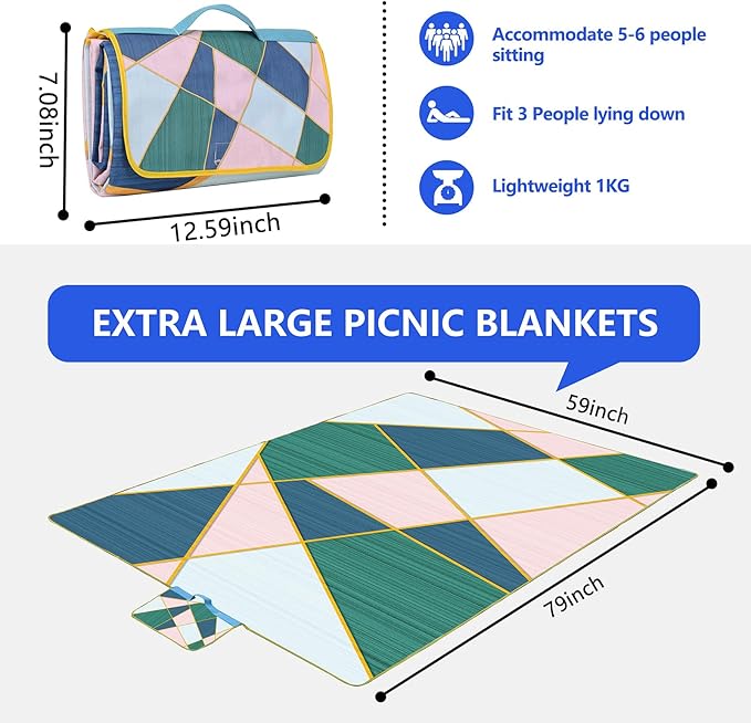 Picnic Blanket, Foldable Waterproof Sand Mat, Extra Large Picnic Blanket Outdoor Picnic Mat Beach Blanket for Park Grass Camping Hiking Travel Family Concerts