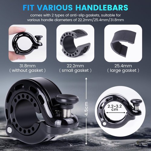 RAVEMEN Bike Bell, Hidden Aluminum Bicycle Bell with Crisp Loud Sound for Adults Kids Mountain Road Bikes, Q1 Bell for Bike with Max 110DB for 22.2/25.4/31.8mm Standard Handlebar
