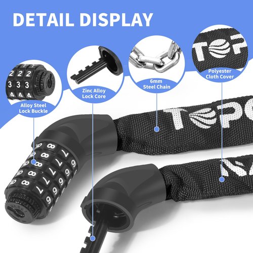 Topcrown Bike Lock 3.2 ft Long High Security Heavy Duty Anti Theft Bike Chain Lock, 5 Digit Combination Resettable Keyless Bicycle Lock for Bike/Electric Scooter/Ebike/Motorcycle (Black)