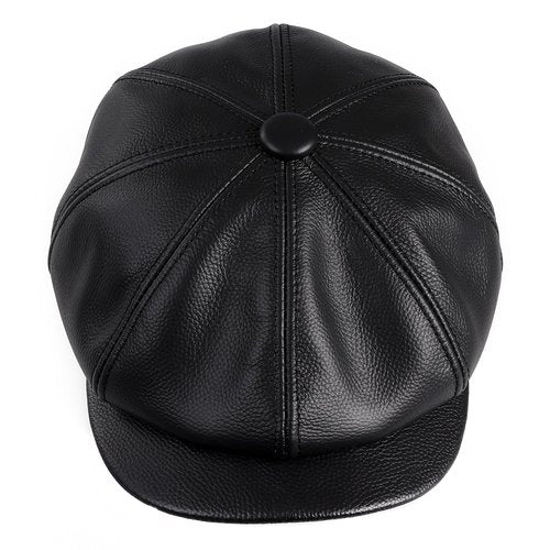 BOONJOVIA Men's Newsboy Flat Cap 100% Genuine Cowhide Leather Gatsby Ivy Golf Cabbie Hat (US, Alpha, Large, Black)