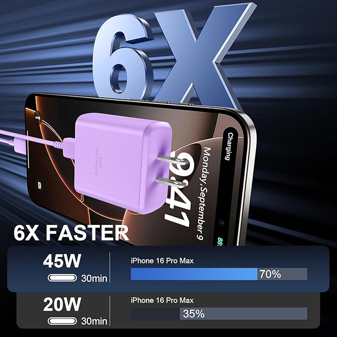 Phone 16 Pro Max Charger Fast Charging, 45W USB C Phone 16 Super Fast Charger Block with 10ft Long Type C Charging Cable Cord for Phone 16/16 Pro/16 ProMax/16 Plus, 15/15 Pro Max/Pro/Plus,2pack purple
