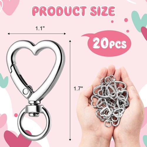 Metal Heart Shape Keychain, 20pcs Sliver Heart Carabiner Clips for Keys, Snap Hook Keychain Clip for Wristlets, Card Holders and Picture Keychains