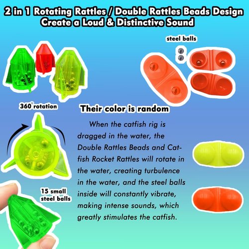Eupheng Catfish Float Rigs, Catfishing Tackle Floats with Rattler Beads Snaps, Colorful Santee Cooper Rigs for Catfish Fishing 5/0 6/0 8/0 Glow in Dark Circle Hooks(6PCS)