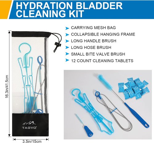 Hydration Bladder Cleaning Kit, 6 in 1 Water Bladder Cleaner Set - 3 Brushes, Collapsible Hanger, 12 Cleaning Tablets & Carry Pouch, Water Reservoir Backpack Cleaning Tools