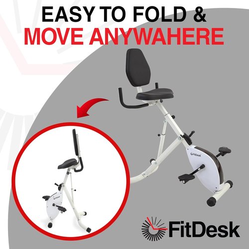FitDesk Adjustable Exercise Bike Desk - Digital Monitor, 8 Resistance Levels, Foldable, Supports 242 lbs, White