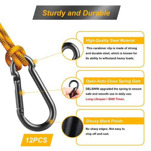DELSWIN 6 Pcs Heavy Duty 3" Black Carabiner Clip and 12 Pcs Spring Snap Hook