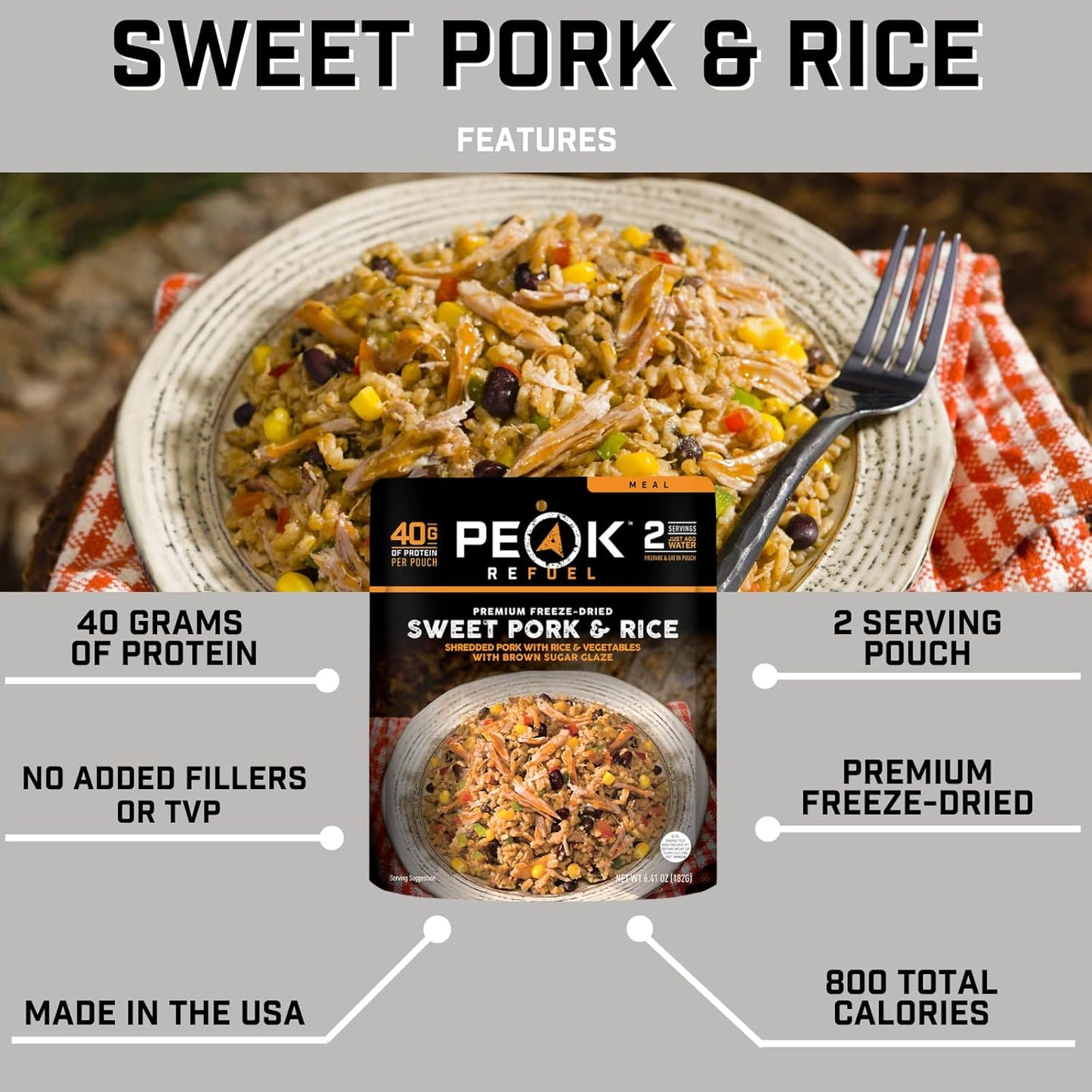 Peak Refuel Sweet Pork and Rice | Freeze Dried Hiking, Backpacking and Camping Meals | Amazing Taste | Real Meat | High-Protein | Quick Prep Food