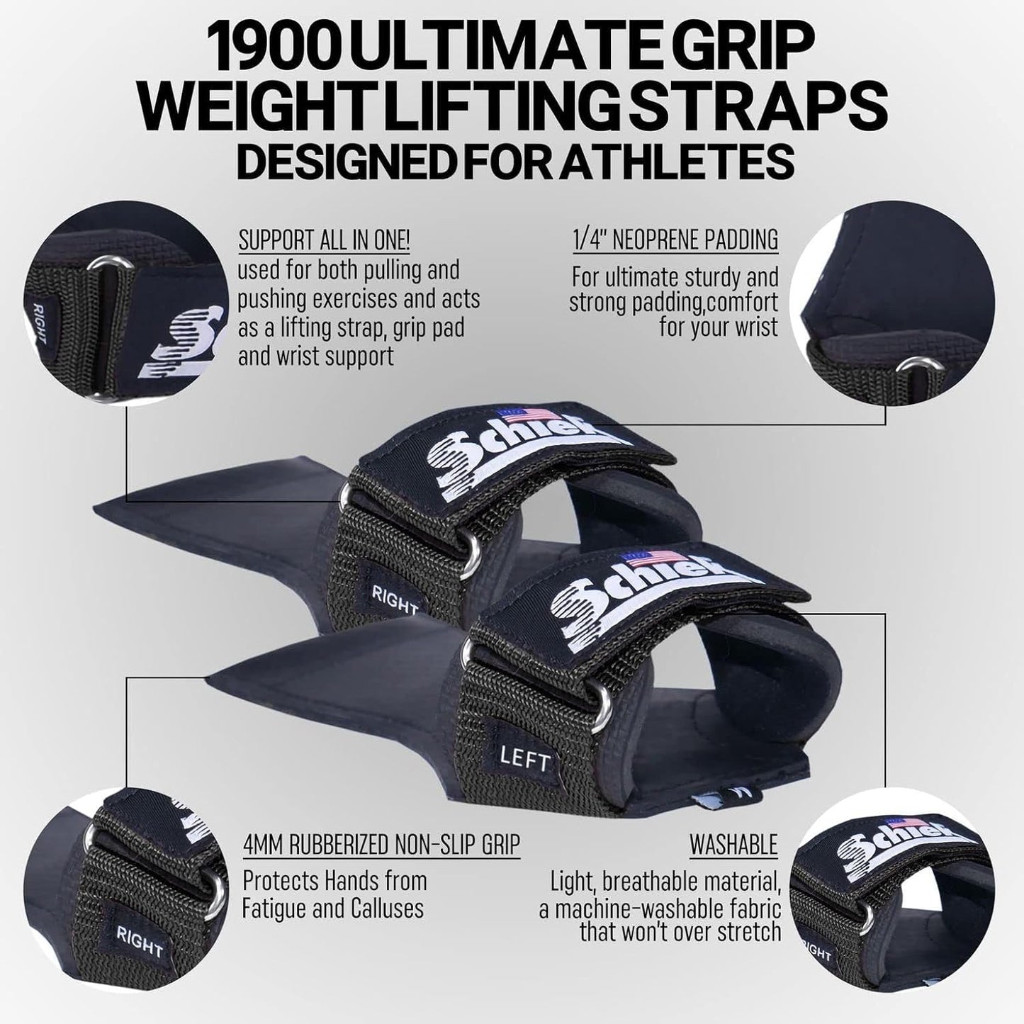 Schiek Sports 1900 Ultimate Hand Grip - 9 mm Thick Neoprene Grips for Weight Lifting - Ultra Durable Non Slip Secure Grip