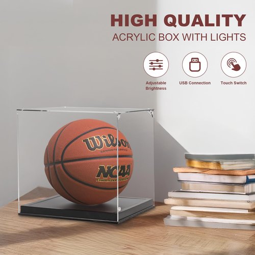 Basketball Display Case with Light, UV Protection Clear Acrylic Basketball Box Full Size with Solid Wood Base, LED with USB Soccer Stand for Autographed Ball Ideal Gift (Avoid Fast Charging Plug)