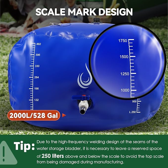 LANUEVA 528 Gal/2000L Portable Water Storage Bladder, 1000D PVC Foldable Water Tank with Spigots and Overflow Kit, Water Storage Containers for Emergency Water, RV, Irrigation&Camping (Blue, 2000L)