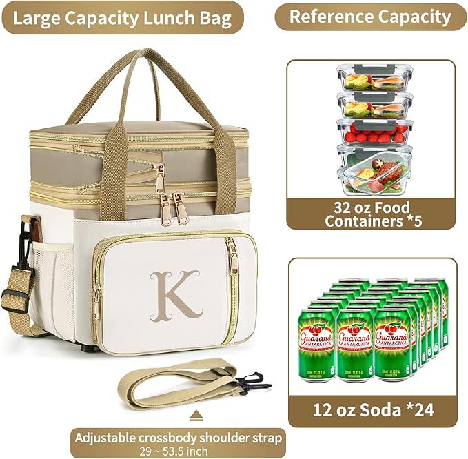 LOKASS Personalized Lunch Bag for Women Work, 16L Initial Insulated Lunch box for Adult/Womens Gift, Leakproof Personalized Gift Lunchbag with Adjustable Shoulder Strap, Cooler Bag Beige - N