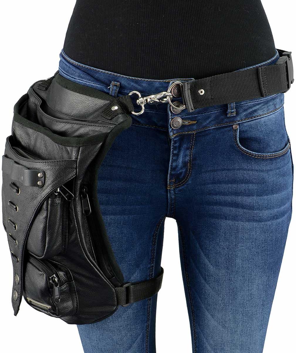 Milwaukee Leather MP8898 Black Leather Conceal and Carry Thigh Bag with Waist Belt