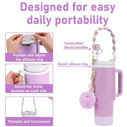 CTZENWAY 7Pcs Stanley Cup Accessories Set Including Siliocne Stanley Cup Boot, Siliocne Straw Topper Cover Cap, Water Bottle Handle Strap, Stanley Keychain Charms for 30oz&40oz Stanley Cup (Purple)