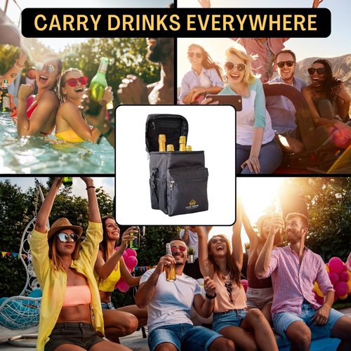 Outer Woods Insulated 4 Bottle Cooler Bag | 6+ Hours Cooling | Beverage Cooler Bag | 4 Units of Ice Gel Packs Included (Black)