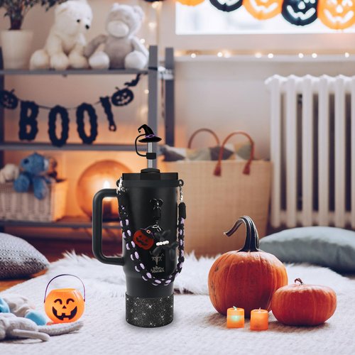 BELSITA Halloween Stanley Cup Accessories Set, Black Pearls Dog Witch Hat Straw Cap Water Bottle Handle Strap, Silicone Stanley Cup Boot, Stanley Charms for Stanley Cup 30/40oz Tumble (7Pcs Dog)