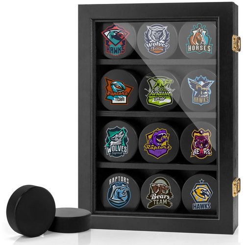 ULTRGEE Hockey Display Case - 12 Pucks, Holder Cabinet Stand Shadow Box for Wall Mount, Removable Shelves, Acrylic Panel - Gift for Collectors