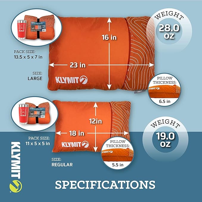 Klymit Drift Camping Pillow, Shredded Memory Foam Travel Pillow with Reversible Cover for Outdoor Use, Orange, Regular