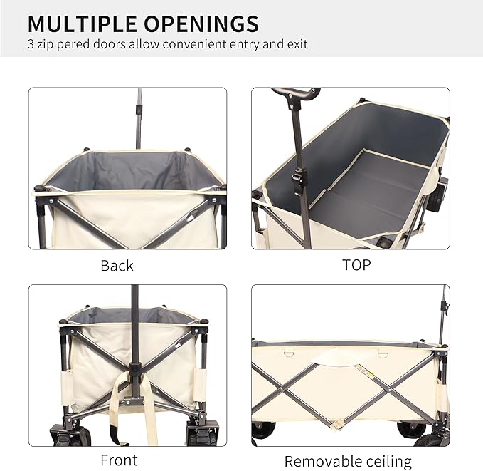 Collapsible Folding Wagon with Big Wheels,Heavy Duty Utility Beach Buggy Cart w/Adjustable Handle and Drink Holder,for Sand,Shopping,Camping,Garden,Outdoor,38",Antique White