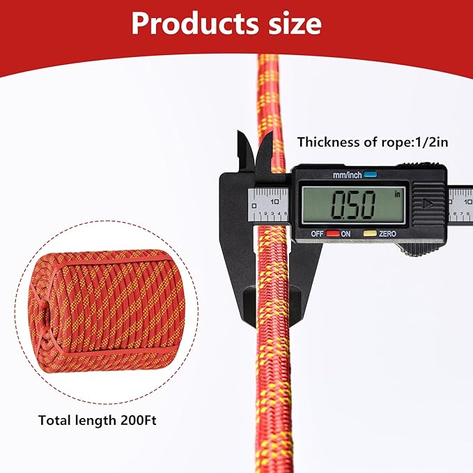 Arborist Rigging Rope - Red 1/2 in x 200 Ft Static Bull Rope for Climbing Tree Felling Pulling Various Outdoor Applications Construction Swing Sailing