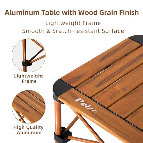 Peirhw Folding Camping Table, Portable Lightweight Aluminum Camp Table Roll Up Top with Storage Net for Outdoor, Camping, Picnic, Backyards, BBQ(Woodgrain, 15.8 x 15.8 x 15.8in)