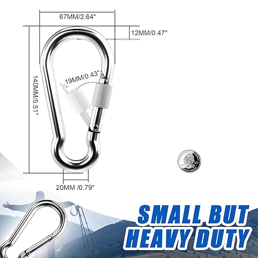 KINLINK 1 Pack Screw Locking Carabiner - 5.50 inch Heavy Duty Carabiner Clips, 304 Stainless Steel Large Caribiner for Camping, Swing, Hammock, Hiking,Weight Lifting Machine, Home Gym Equipment