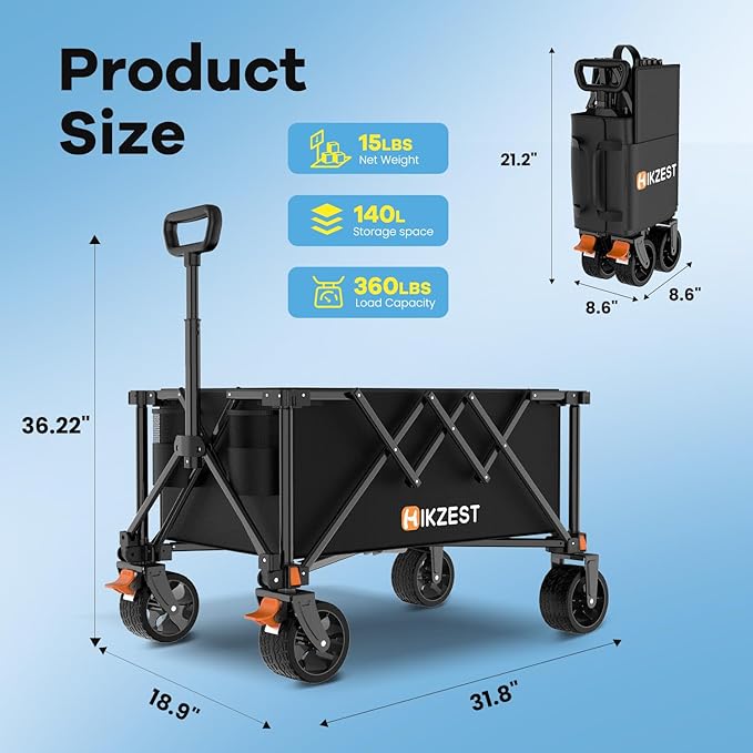Collapsible Wagon Cart Foldable, 360LBS Heavy Duty Utility Wagon, Beach Wagon with Wider Wheels, Portable Grocery Cart for Camping, Shopping, Garden, Sports, Black