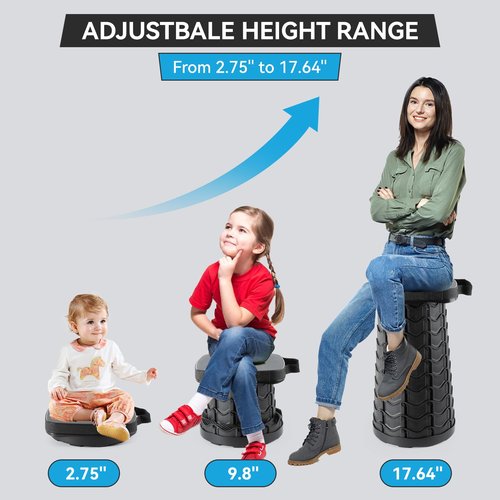 Geavo Square Collapsible Stool with 3-in-1 Carry Bag, Adjustable Retractable Portable Stool Max Load 360lbs, Foldable Stool with Cushion & Beverage Holder, Camping Stool for Fishing Hiking (Black)