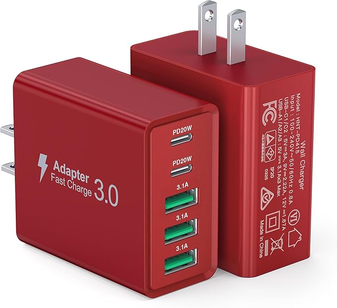 Red 2Pack 50W USB C Charger 5-Port PD Fast Charging Blocks, QC 3.0 USB A Multiport Plug, Type C Power Adapter Brick Cube for iPhone 16/15/14/13/Pro, Samsung, Switch, Pixel