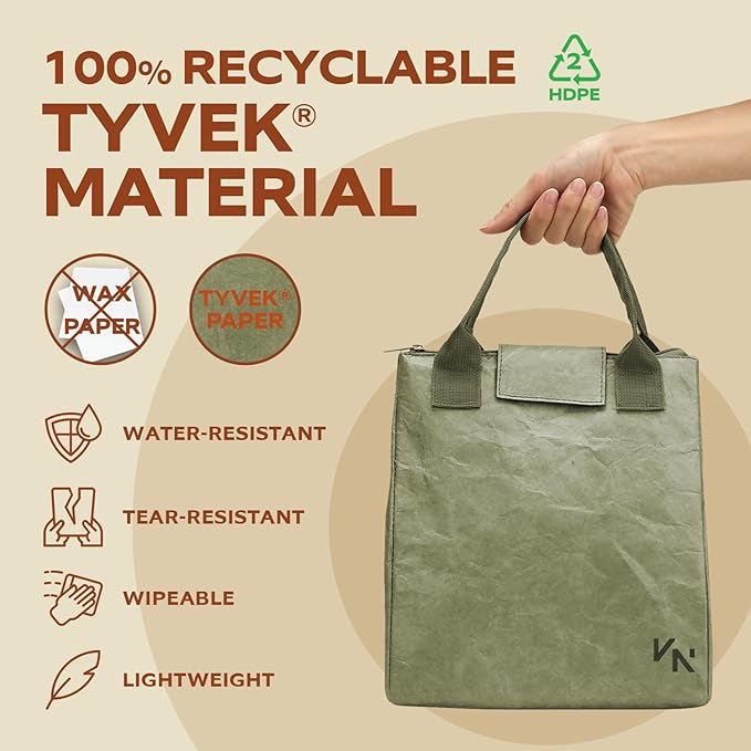 VonNova Insulated Lunch Box for Women, 7L Capacity, Leakproof Lunch Tote Bag, Durable Lunchbox made from Tyvek Material, Adult Cooler Bag for Work, Picnic, Travel and more (Olive Green)