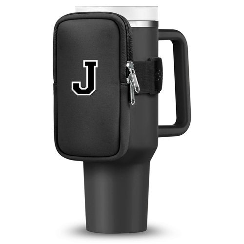 SAMUSAI Initial Water Bottle Carrier Bag for Stanley-Tumbler pouch with Zipper Pocket Travel mug pouch- Personalized A-Z Phone Pocket for Stanley Cup Accessories - Detachable Large Phone Pocket