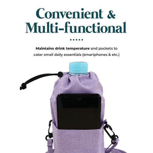 Washable Insulated Water Bottle Bag Compact Cold & Thermal Protection PET Bottle Holder with Loop, Pocket, & Carabiner, Ideal for Work, Picnics & Outdoors (Black)