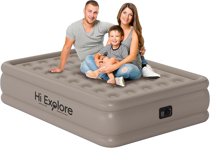 Air Mattress Full with Built in Pump Raised, with Comfortable Plush, Inflatable Blow Up Mattress, Portable Airbed for Home, Guests, Camping(Khaki, 18” Height)