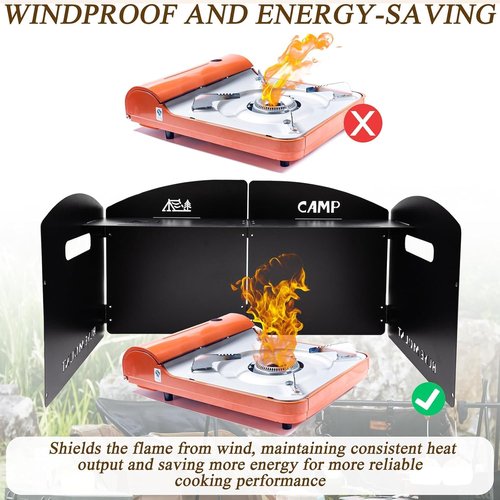 Camping Stove Windscreen Steel Camp Stove Windscreen 4 Plates Steel Folding Camping Stove Windshield with a Storage Bag and Compartment for Camping, Hiking, Picnic, Backpacking, Cooking (Black)