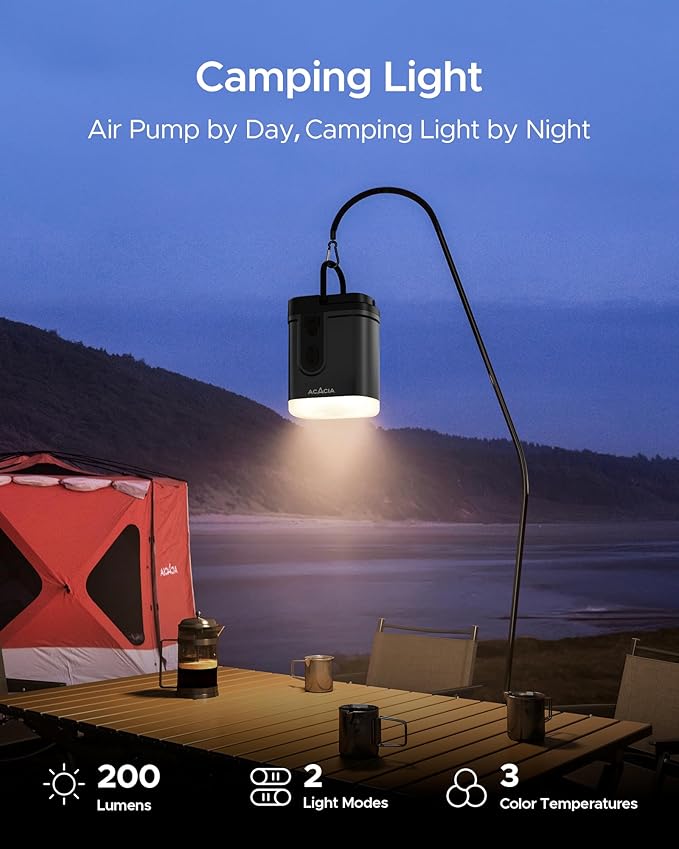 ACACIA Portable Air Pump for ACACIA Sleeping Pad, Rechargeable 4000mAh Battery Air Mattress Pump with Camping Light, Electric Air Pump for Inflatables with 5 Nozzles, Camping, Hiking, Pool, 4.8kPa