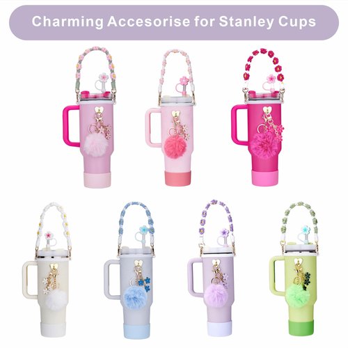 Rhewatin Accessories for Stanley Cup 40oz Tumbler, Including Strap, Silicone Cup Boot, Straw Cover, 2 Charms - Purple